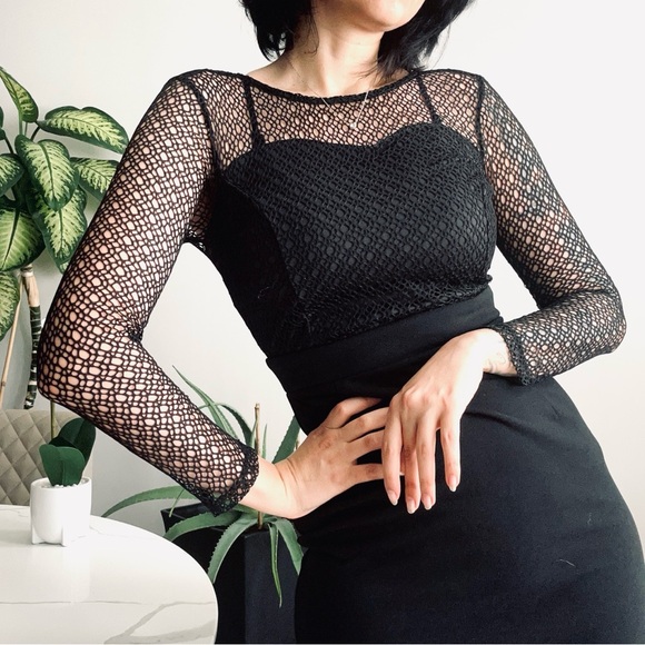 Gothic Mesh Pencil Dress with Long Sleeves in Black - Picture 2 of 10